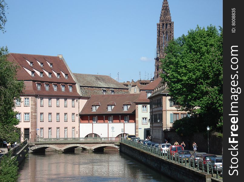 Old city of Strasbourg, France,  with historic houses on the river