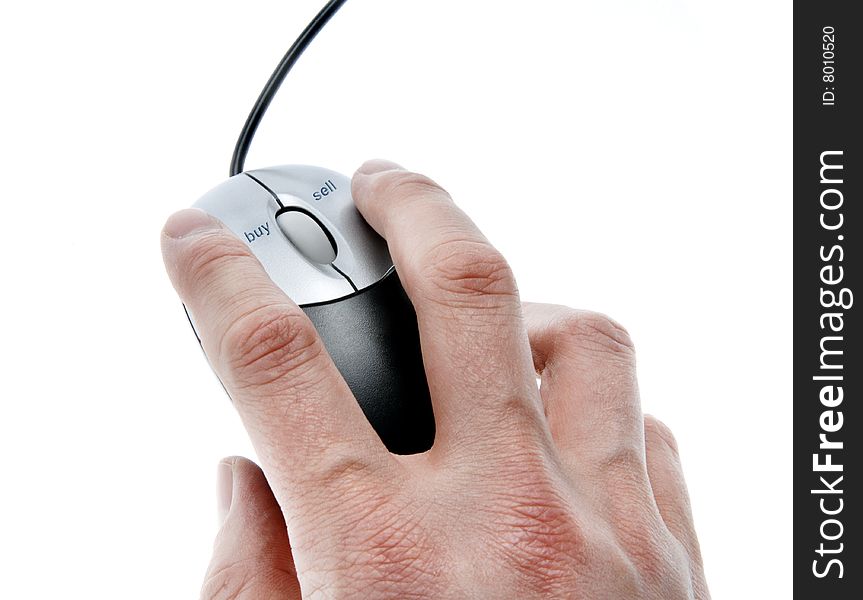 Hand using mouse with dedicated buy and sell buttons over white background