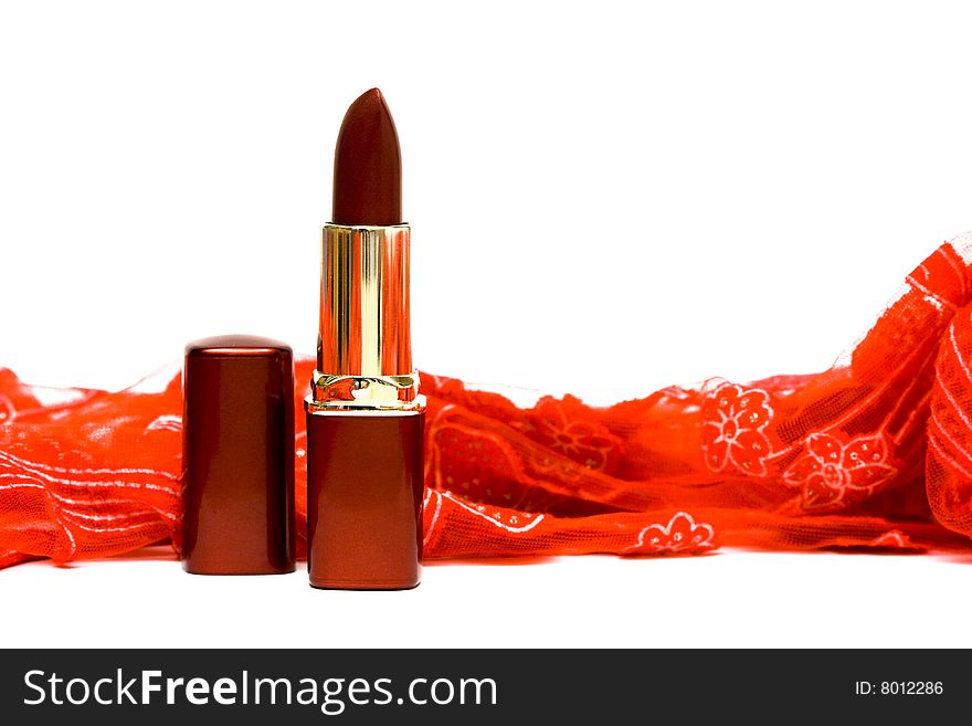 Red lipstick on white background