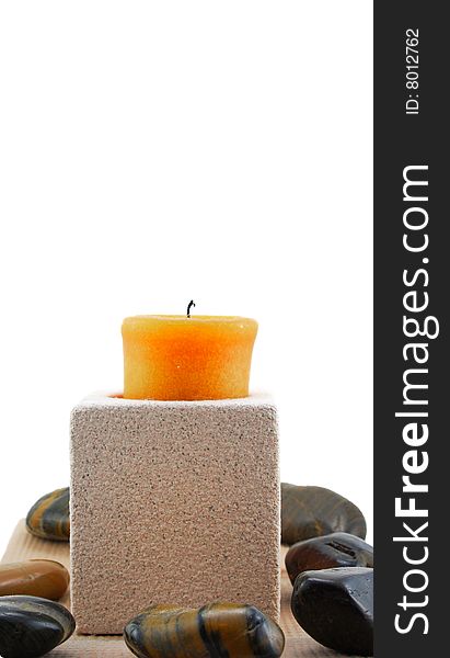 Relaxation Candle with Zen Rocks isolated on white. Relaxation Candle with Zen Rocks isolated on white