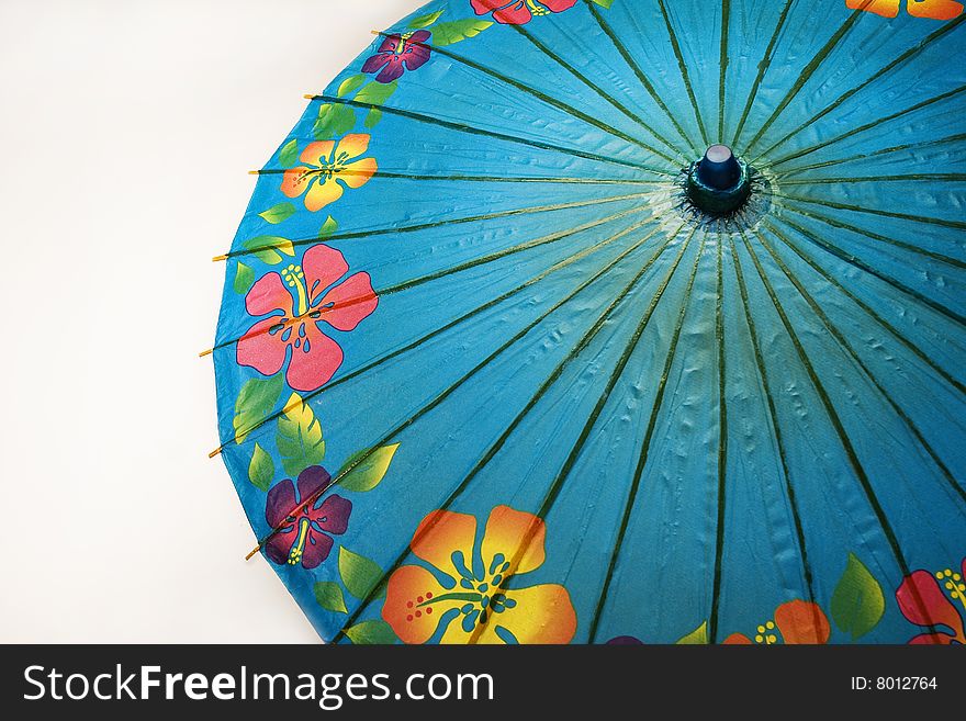 Detail shot of Japanese paper umbrella with printed flowers.