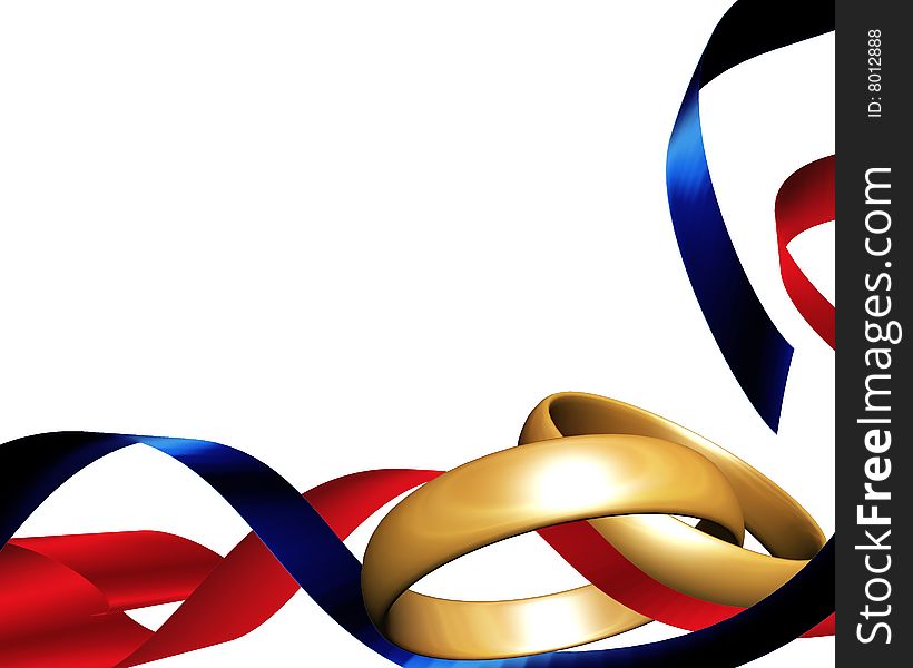 Two wedding rings intersected by red and blue ribbons