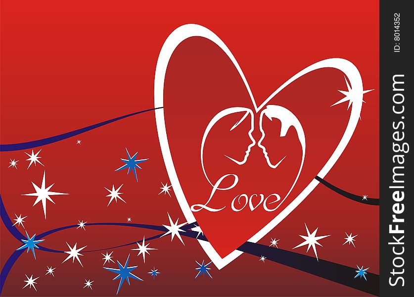 Lovers face silhouette grown from heart, stars and red  background. Lovers face silhouette grown from heart, stars and red  background