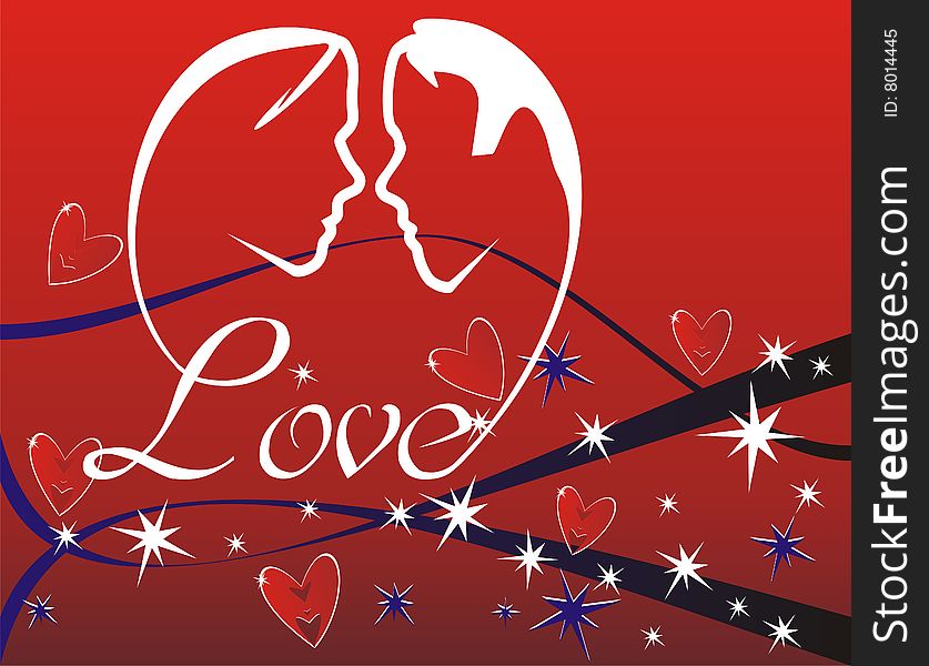 Lovers faces grown from love script with red background. Lovers faces grown from love script with red background