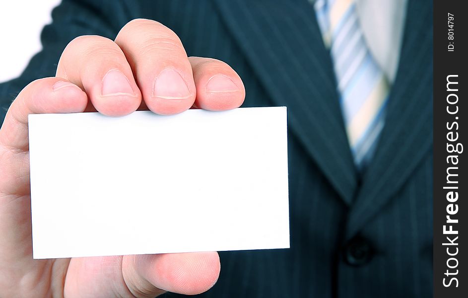 Businessman is holding a business empty card. Businessman is holding a business empty card