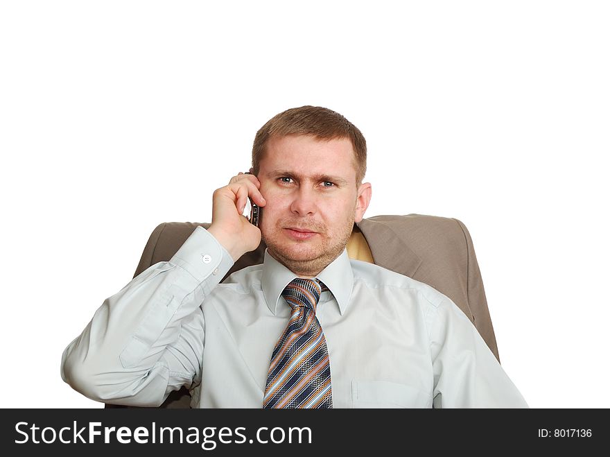 Man And Cell Phone Isolated On White Background