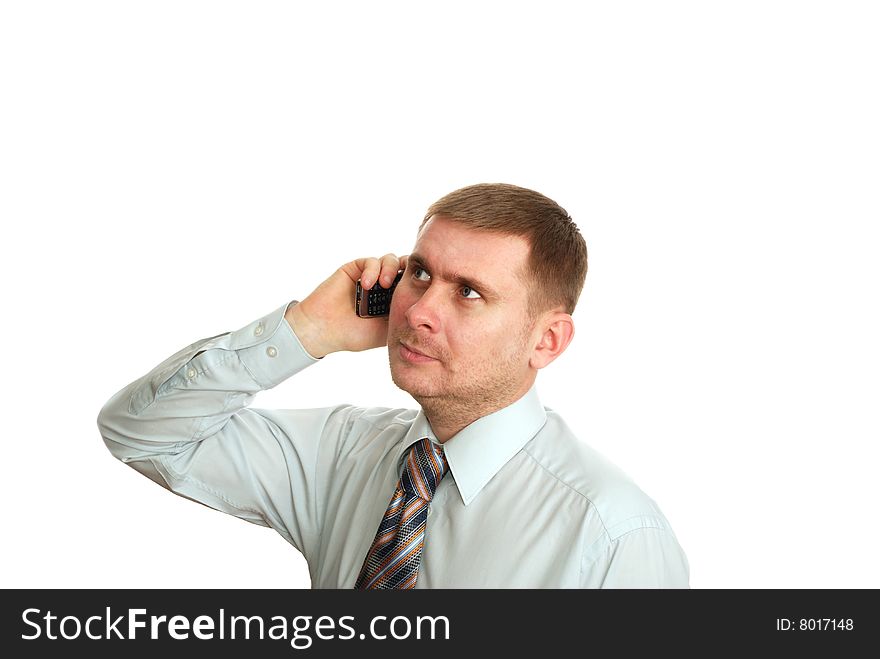 Man and cell phone isolated on white background