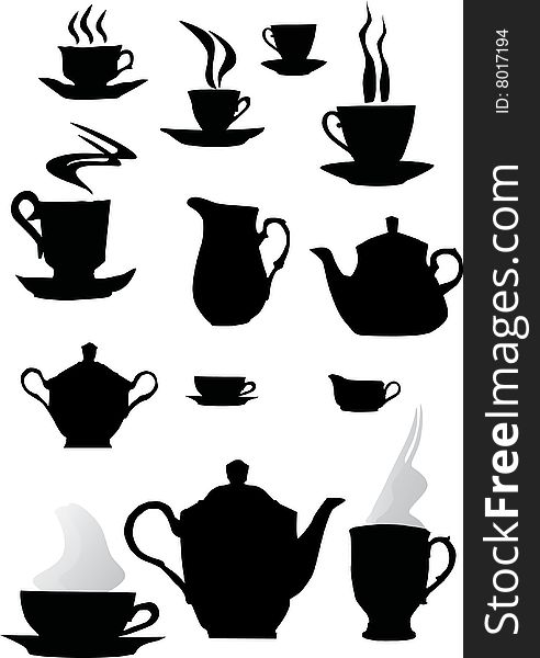 Illustration with coffee cup silhouettes isolated on white background