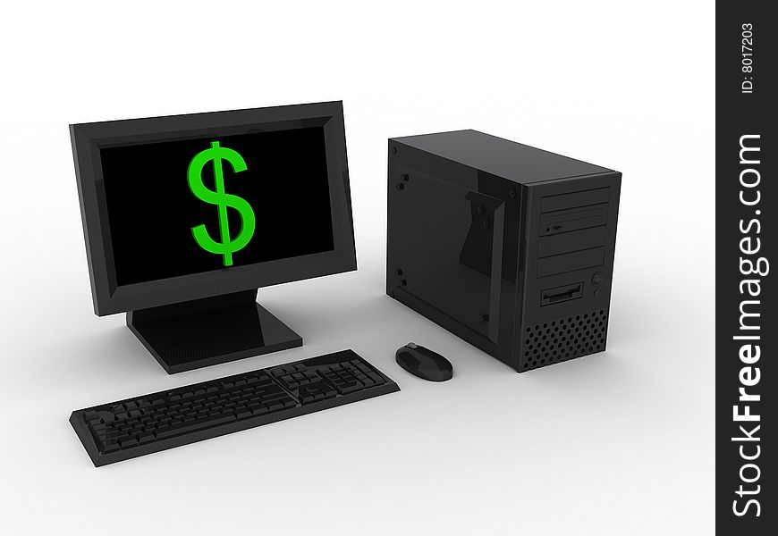 3d render of black computer with dollar.