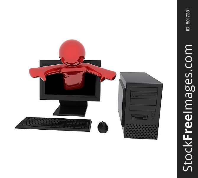 3d render of person in computer. Isolated on white background.