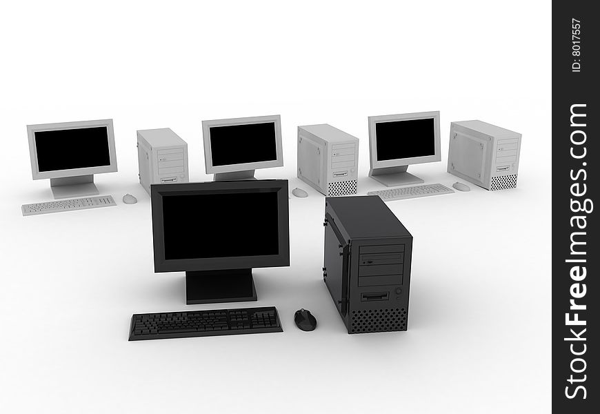 3d render of black computer in front of grey computers. 3d render of black computer in front of grey computers