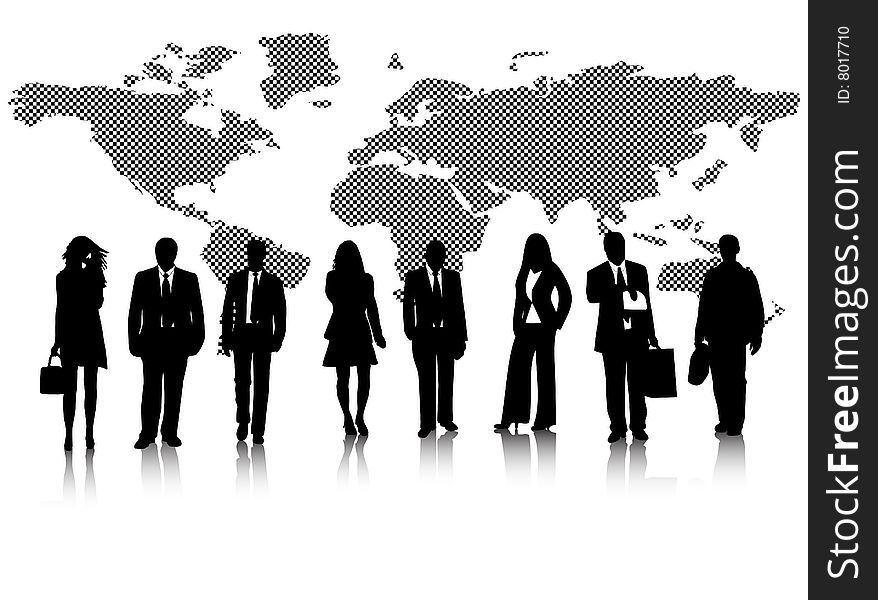 Illustration of business people and map