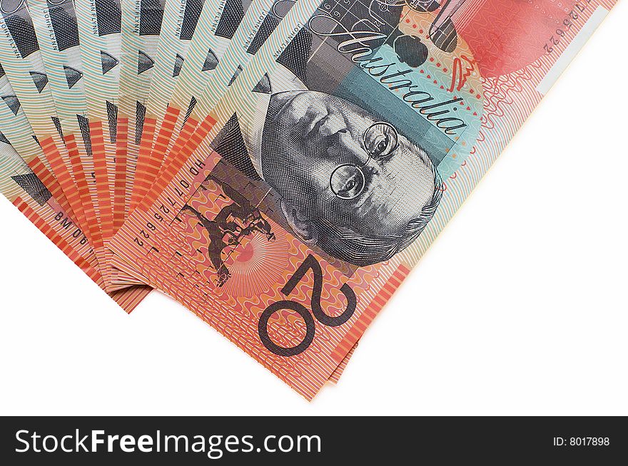 $20 Australian bills on a white background