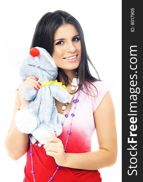 Beautiful Brunette Girl Embracing A Toy Mouse