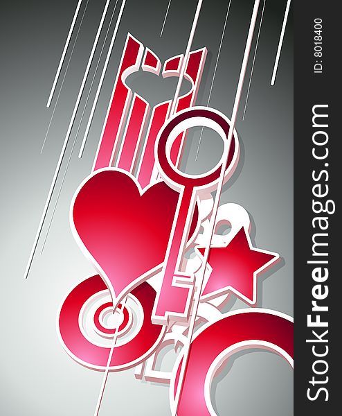 The third dimension. Vector illustration with hearts and keys.