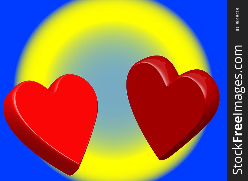 Two hearts on background sun