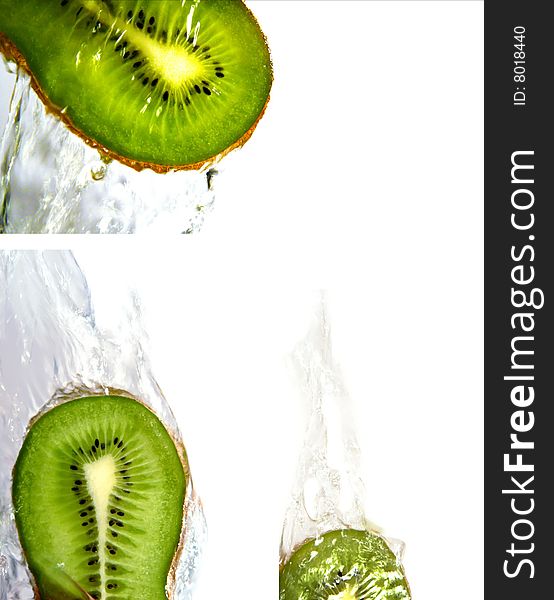 3 images of fresh slices of kiwi with waters splash. 3 images of fresh slices of kiwi with waters splash