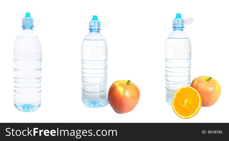 3 images of bottled water - isolated and with fruit. 3 images of bottled water - isolated and with fruit