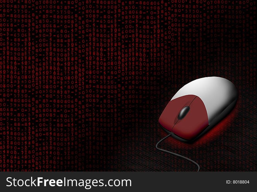 Red computer mouse with cable on digital background