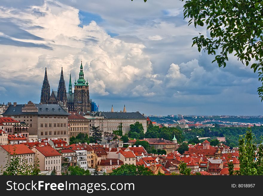 View of the center of old part Prague. Saint Vit cathedral.