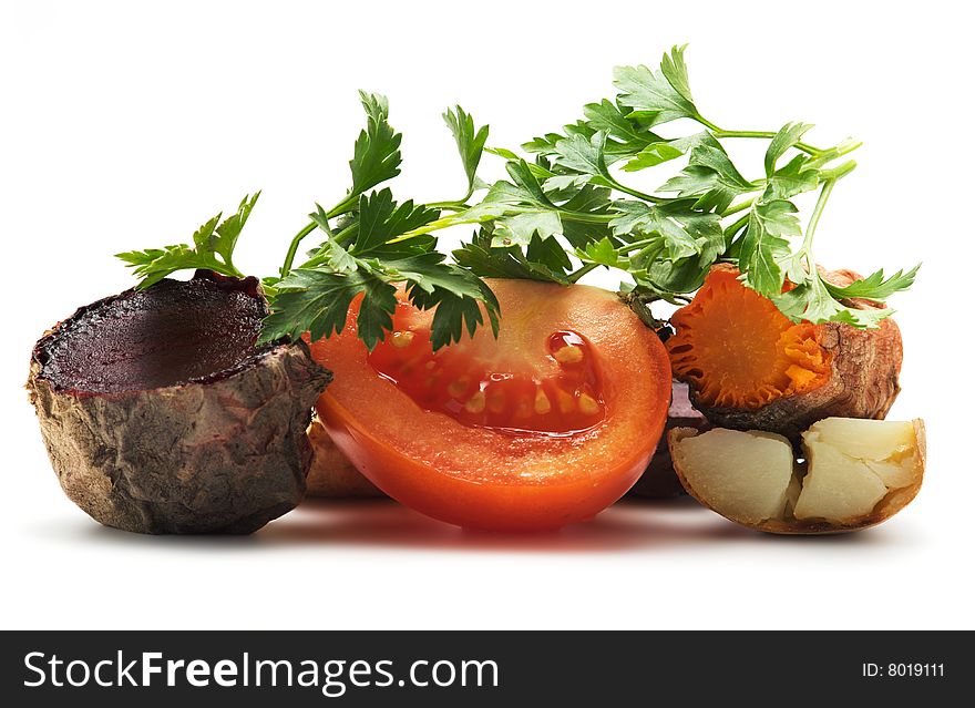 Tomato, parsley, grilled vegetables: potato, carrot, beet,  isolated on a white background. Tomato, parsley, grilled vegetables: potato, carrot, beet,  isolated on a white background