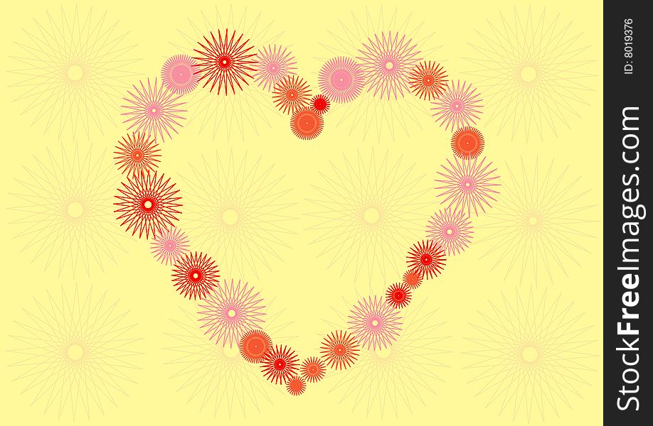 Yellow background, multicolored heart, flowers