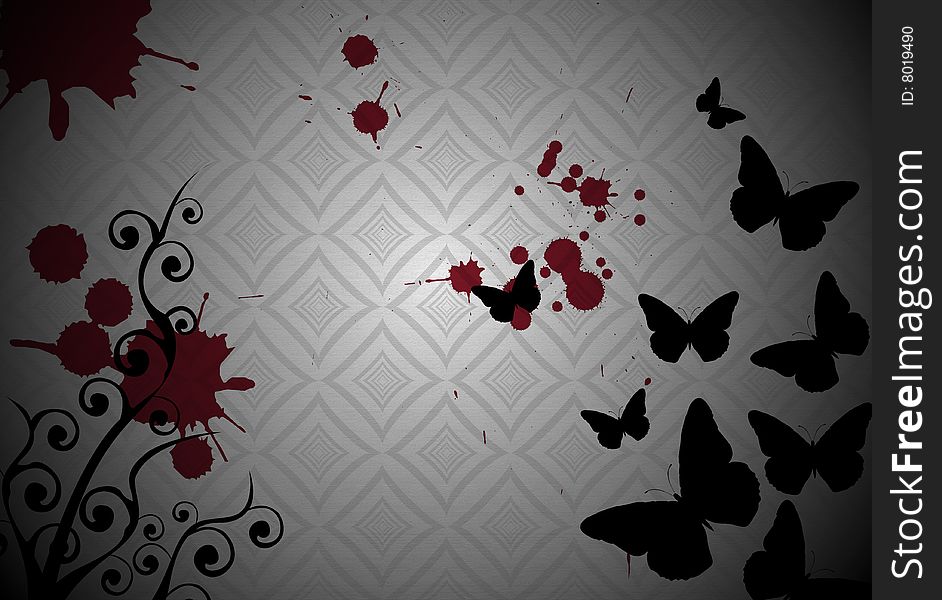 Blood splats and dark butterflies on the wallpaper. Blood splats and dark butterflies on the wallpaper.