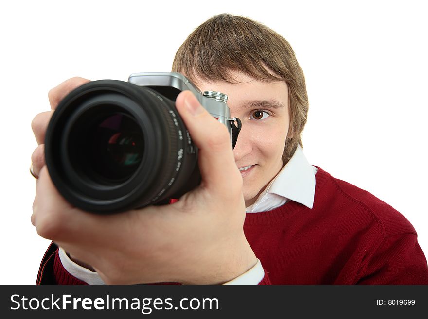 Young photographer man on white background