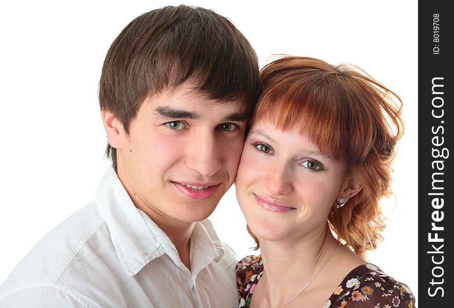 Couple young man and woman on white background