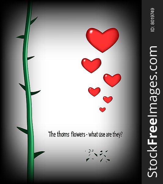 Stalk of a rose with prickles and red hearts.