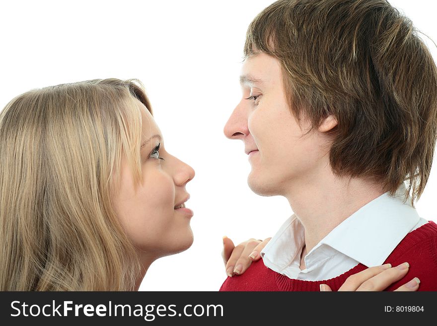 Couple young man and woman on white background