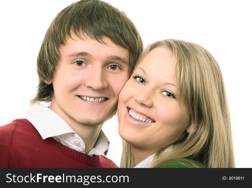 Couple young man and woman on white background