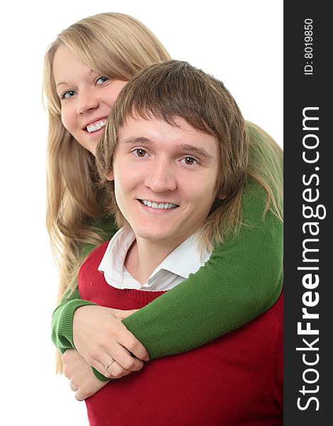 Couple young man and woman on white background