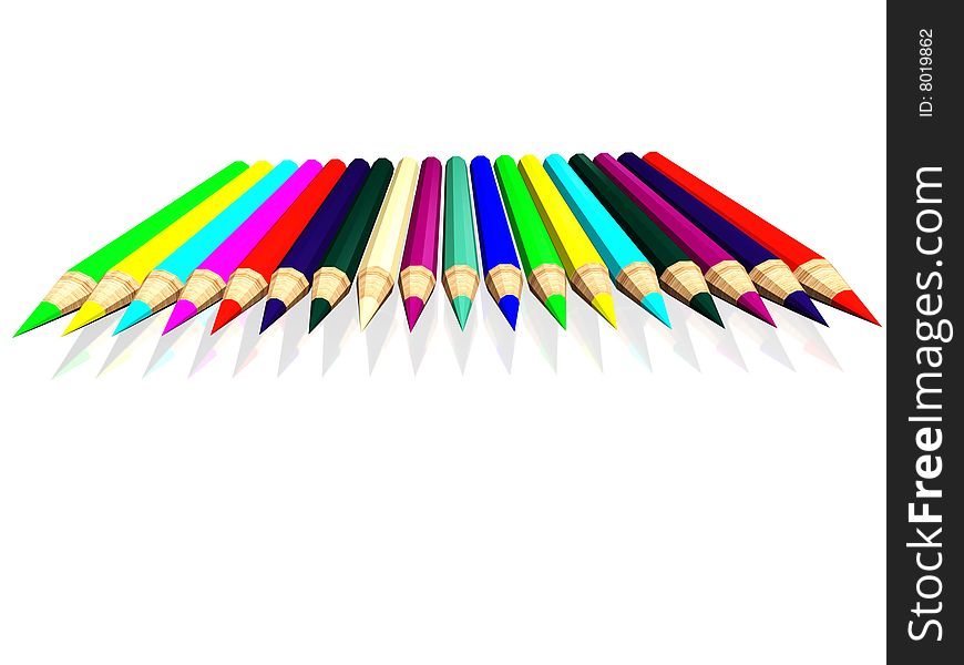 3d colored pencils with reflection on white. 3d colored pencils with reflection on white