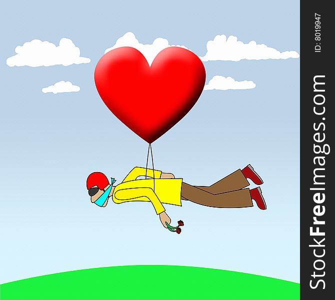 A cartoon of a man been carried by a heart balloon. A cartoon of a man been carried by a heart balloon.