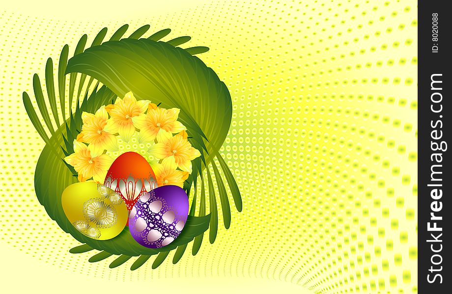 The image of easter eggs and narcissuses. The image of easter eggs and narcissuses