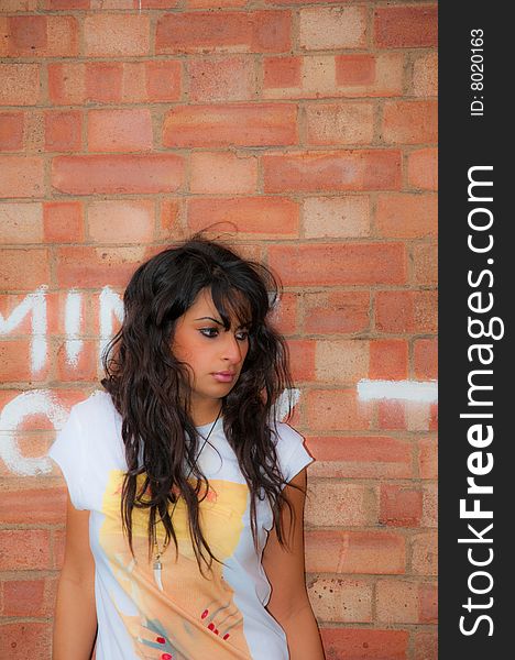 A beautiful young Asian woman against a red brick wall. A beautiful young Asian woman against a red brick wall.