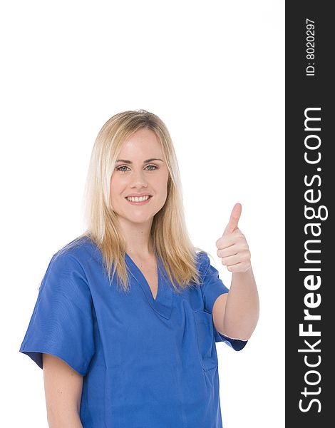 Studio shot of a nurse isolated on white with thumbs up. Studio shot of a nurse isolated on white with thumbs up