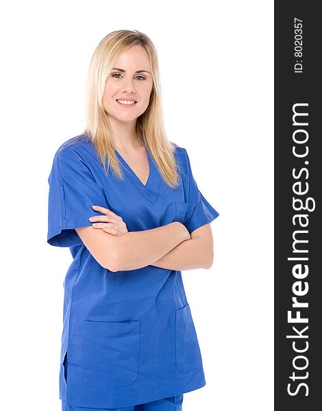 Studio shot of a nurse isolated on white with crossed arms. Studio shot of a nurse isolated on white with crossed arms