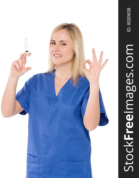 Nurse prepare syringe for injection,making the ok sign. Nurse prepare syringe for injection,making the ok sign
