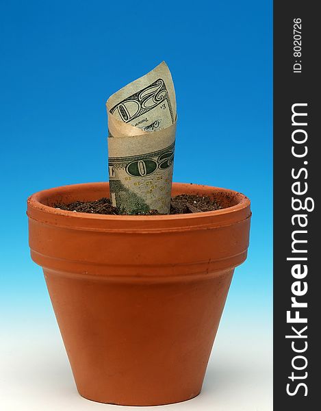 $20.00 US bill sprouting in terra cotta flower pot on graded blue/white background. $20.00 US bill sprouting in terra cotta flower pot on graded blue/white background.