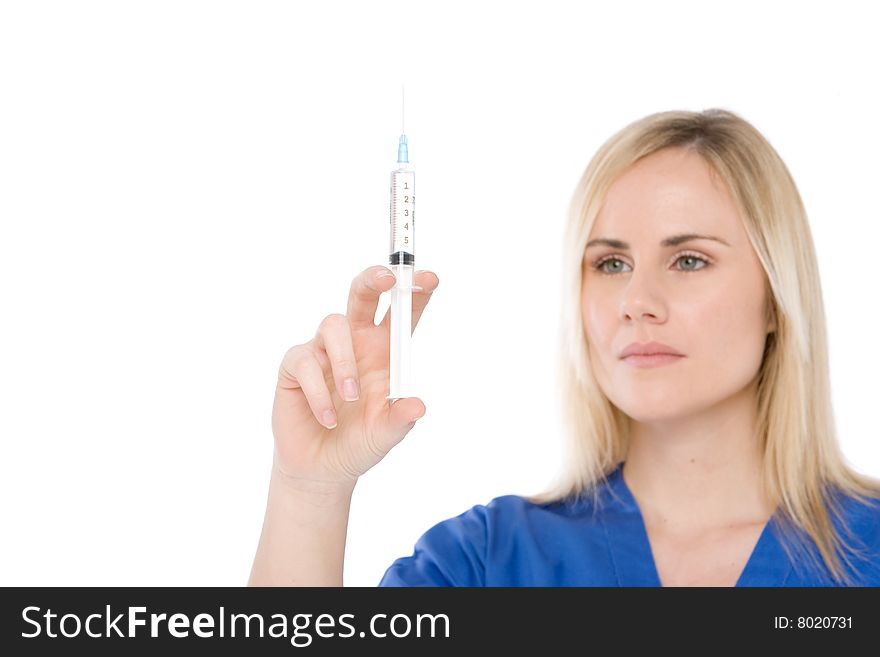 Nurse isolated on whitewith blue uniform