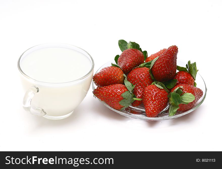 Still Life With The Cup Of Milk And Strawberry.