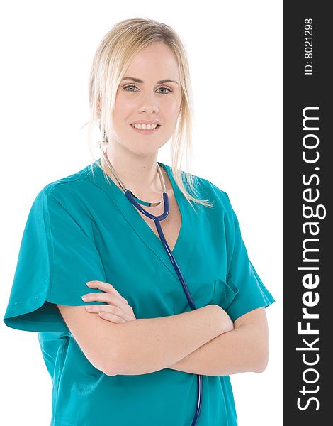 Nurse isolated on white with green uniform