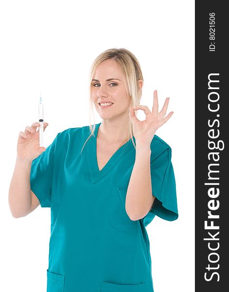 Nurse isolated on white with green uniform