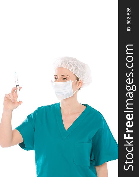 Nurse with operating mask and syringe