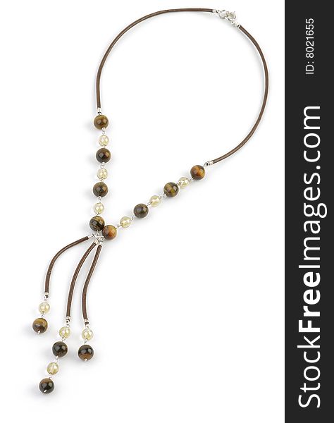 Necklace with Beads in Brown and White. White background.