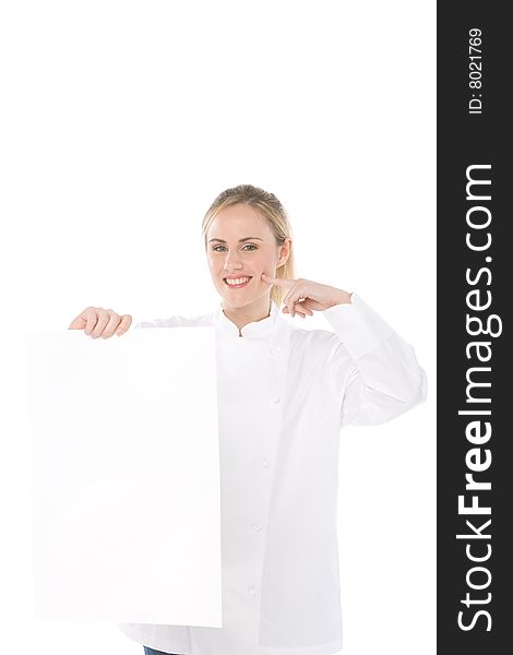 Woman chef isolate on white background holds a blank card