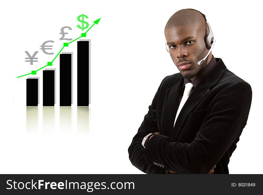 This is an image of a business support operator wearing a headset, with a rising graph in the background. Telecommunication concept. This is an image of a business support operator wearing a headset, with a rising graph in the background. Telecommunication concept