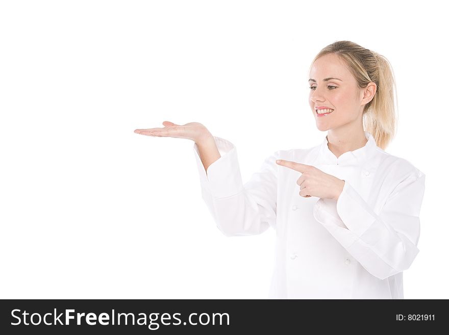 Chef with palm up isolated on white background. Chef with palm up isolated on white background